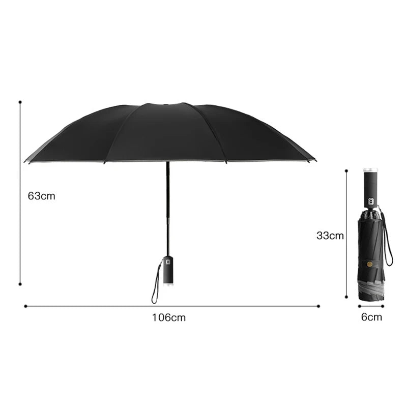 Guarda-chuva uv totalmente automático com lanterna led listra reflexiva reverso guarda-chuvas grandes para chuva ou sol, isolamento térmico guarda-sol