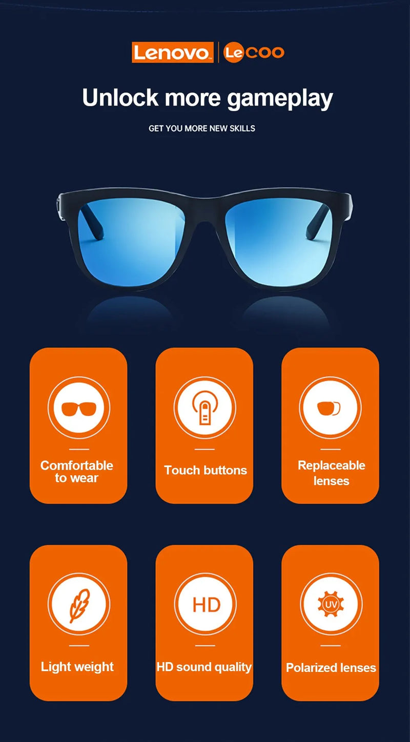 Lenovo smart sunglass, óculos de sol inteligente com fone de ouvido condução óssea, esporte ao ar livre , chamada telefonica, música, bluetooth 5.0 sem fio