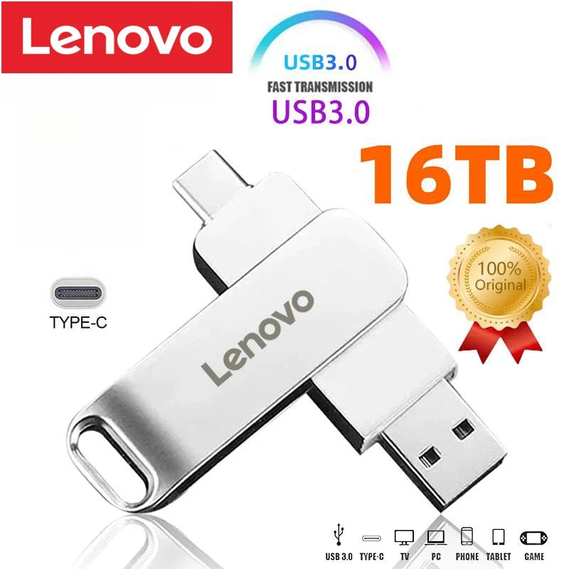 Pen drive Lenovo usb/usb c, 2tb 8tb 16tb tipo c unidade de alta velocidade usb 3.0, resistente a água.