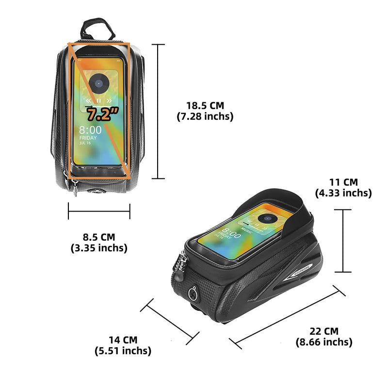 Bolsa premium para quadro frontal de bicicleta à prova d'água, 7.0 polegadas, tela sensível ao toque. e saida oculta para fone de ouvido