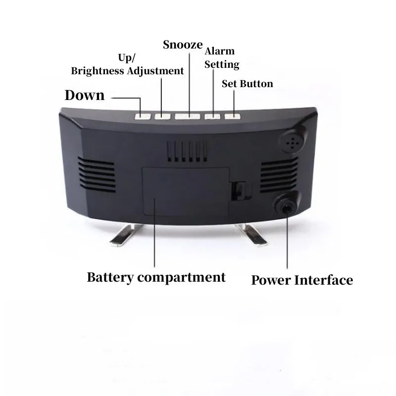 Relógio de Mesa LED com Tela Curva, Alarme Digital, Temperatura, Data e Ajuste de Brilho em 2 Níveis