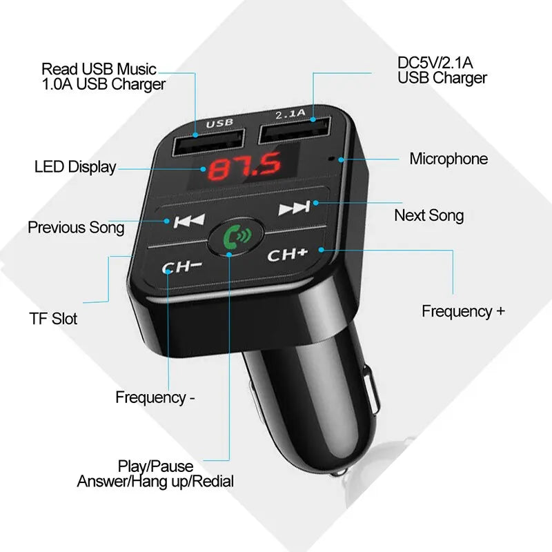 Receptor Bluetooth para Carro com MP3, Chamadas Telefônicas, FM, Entrada para Cartão, e Função USB Multifuncional com Reprodução de Música