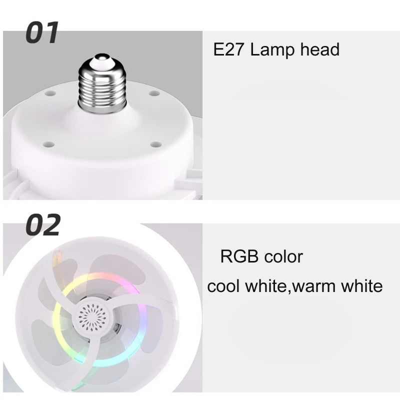 Lampada com Ventilador giratório 360° 3 velocidades e mudança de cor RGB